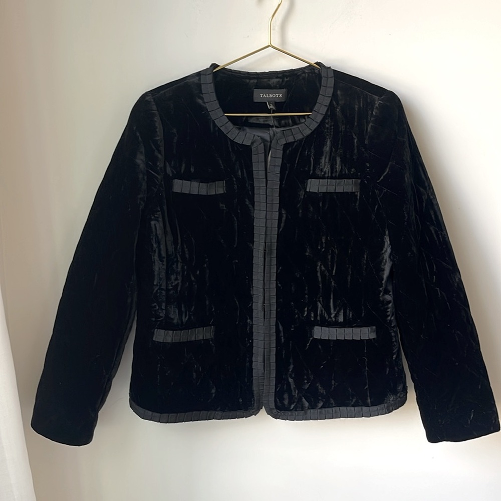 NWT Talbots Quilted Velvet Jacket Blazer in Black Lined Pleated Trim Size M